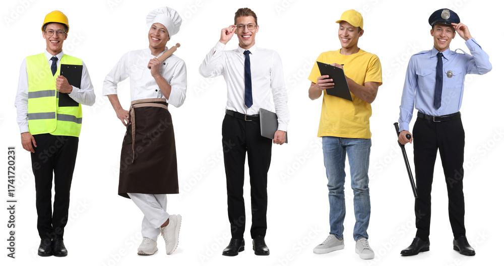 Obraz premium Choice of profession. Same man representing different occupations. Collage of portraits on white background