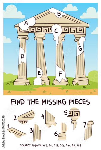 Find the piece puzzle. Complete the ancient temple by matching fragments to their places. Classical columns, pediment and Greek key frieze. Fun printable logic worksheet for kids.