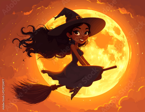 Witch Flying on Broomstick Vector Illustration
Cartoon vector of a witch flying on a broomstick across a glowing moon with bright orange background. Perfect for Halloween decorations.