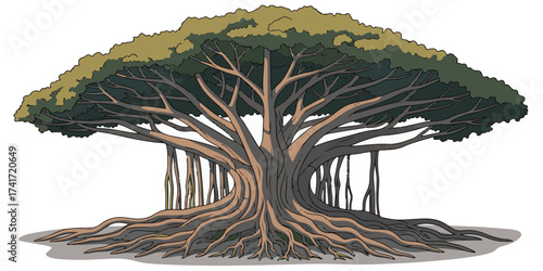 Illustration of a banyan tree with wide roots and a full leafy canopy. Designed with clean outlines, natural solid colors, and subtle gradients for depth
