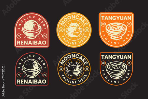 mooncake, tangyuan, Chinese dessert, traditional sweets, Asian food retro badge logo design set for restaurant, cafes, street food, culinary, pastry, bakery, gourmet. vector illustration
