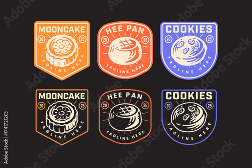 flower mooncake, hee pan, almond cookies, traditional pastry, Asian dessert retro badge logo design set for restaurant, cafes, street food, culinary, pastry, bakery, gourmet. vector illustration