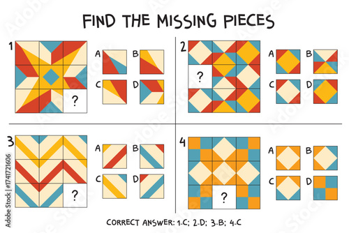 Pattern logic puzzle set. Find the missing tile in four geometric grids. Choose the correct square to complete each quilt-style mosaic. Printable attention and spatial-reasoning worksheet.