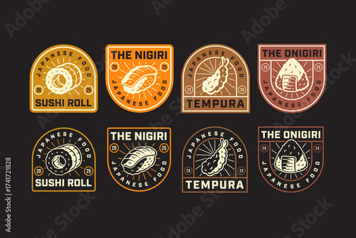 sushi roll, nigiri, tempura, onigiri, japanese food vintage badge patch logo design set for restaurant, cafes, street food, culinary, pastry, bakery, gourmet, cuisine. vector illustration