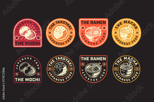 mochi, takoyaki, ramen noodle, matcha, japanese food retro rustic badge patch logo design set for restaurant, cafes, street food, culinary, pastry, bakery, gourmet. vector illustration