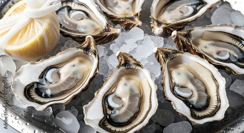 A dozen fresh, raw oysters elegantly served on a platter of crushed ice, garnished with a lemon wedge, representing a classic seafood appetizer or delicacy