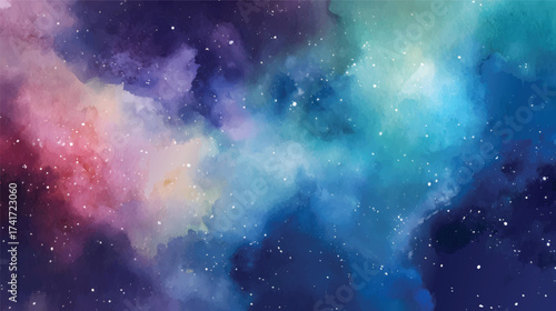 A vibrant cosmic scene featuring swirling clouds of pink, blue, and purple hues, scattered stars, and a dreamy atmosphere