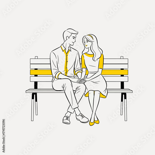 Cute noritake character couple illustration on a bench, expressing love and closeness