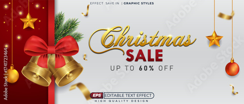 Editable 3d text effect christmas sale with bell for web background