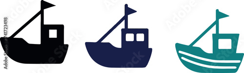 Fishing Boat Icon Set in Black Blue and Teal Perfect for Nautical Designs