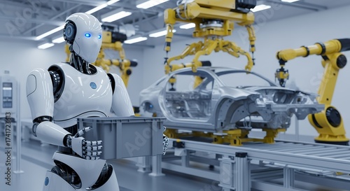 A white humanoid robot holds a gray plastic crate while standing on the factory floor next to an unfinished car chassis on an assembly line with yellow robotic arms in the background