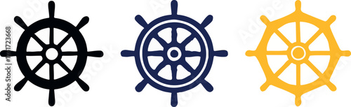 Set of Three Ship Wheels in Black Blue and Gold Graphic Nautical Navigation Equipment