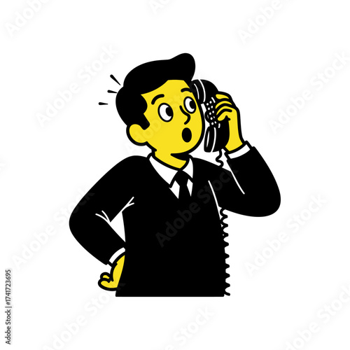 Cute Noritake character in a suit, surprised and talking on a vintage rotary telephone, illustration