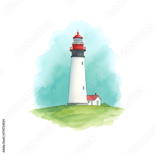 White lighthouse with red roof sits on grassy hill against teal watercolor sky