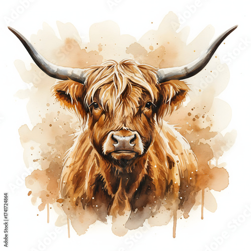 Watercolor portrait of a Scottish Highland cow with long horns and shaggy fur