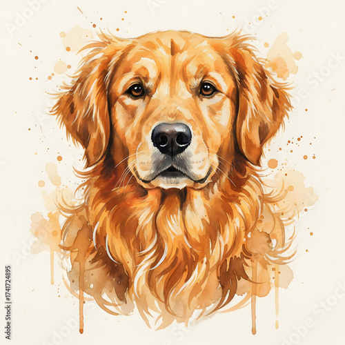 Golden Retriever dog portrait with watercolor textures and splatters painting