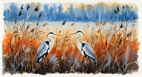 Two gray herons standing in tall reeds with a blurry forest and water background