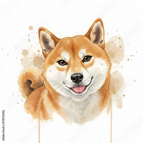 Watercolor portrait of a happy Shiba Inu dog with a curled tail and warm brown eyes