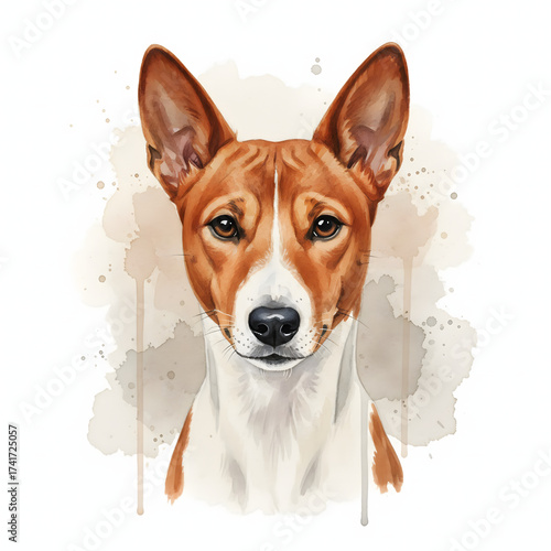 Detailed watercolor portrait of a Basenji dog with alert ears and expressive eyes