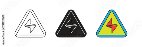 Electrical voltage warning triangle icon set. Electric power warning triangle vector flat design.