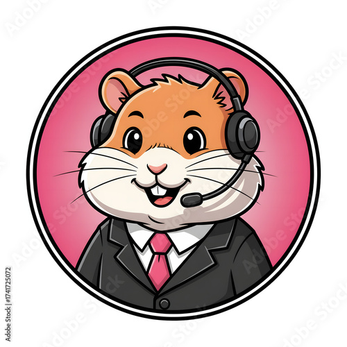 Cartoon hamster wearing a suit and headset with a pink background animal