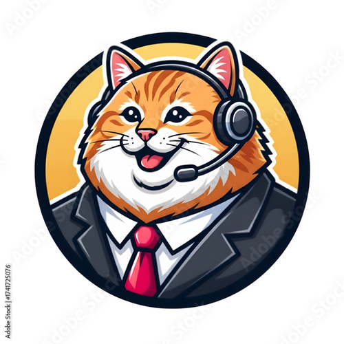 Cartoon ginger tabby cat wearing a suit and headset smiling broadly with tongue out