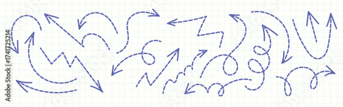 Hand-drawn doodle set of dashed arrows on graph paper. Collection of sketch arrows with curves, spirals, and directions for infographic, note, or design elements.