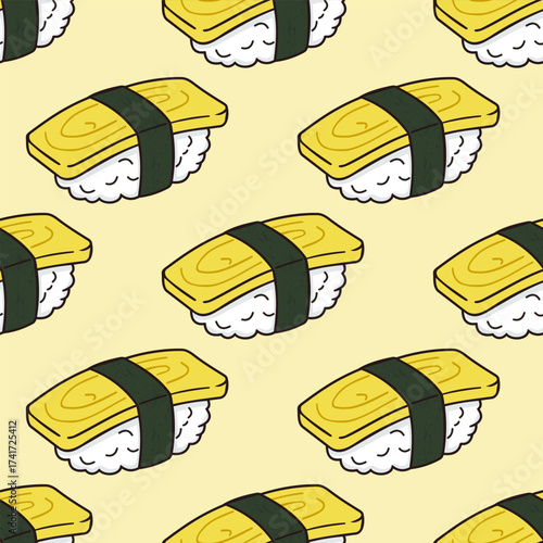 Seamless pattern of tamago sushi with rice egg and seaweed