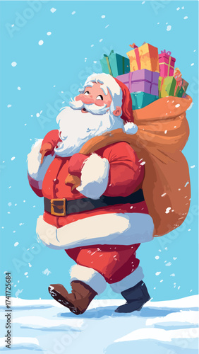 Festive cartoon illustration of a smiling Santa Claus walking through a snowy landscape with a sack of Christmas gifts