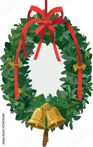 Traditional green holiday wreath adorned with a vibrant red ribbon and two shiny jingle bells for seasonal decoration