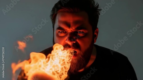 furious bearded man with intense red-lit eyes spits large bright orange flame from his mouth His face contorted in anger illuminating his dark beard against muted background