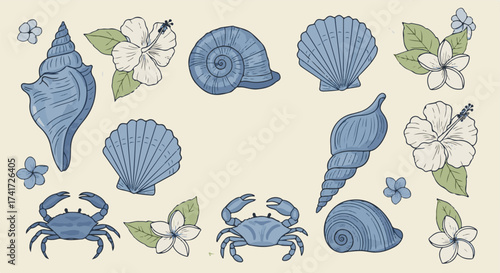 Coastal Theme Hand-Drawn Set with Seashells, Crabs, and Tropical Flowers