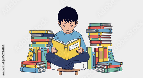 A minimalist vector illustration depicts a child engrossed in reading surrounded by stacks of colorful books.