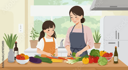 A mother and daughter collaboratively chop fresh vegetables in a clean, illustrative kitchen scene.