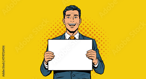 A smiling man in a suit proudly presents a blank white sign in a vibrant pop art vector illustration.