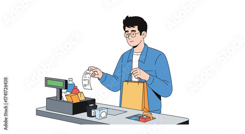 A smiling man receives his purchase receipt at a clean, modern vector checkout counter.