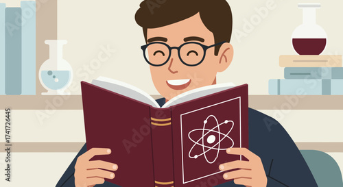 A smiling student in glasses reads a science book with an atom symbol, a vector illustration