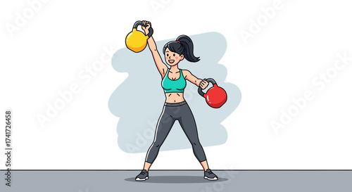 A strong woman illustration performs a kettlebell workout with clean, stylized lines