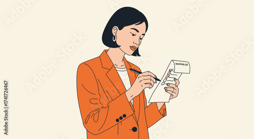 A stylish young woman diligently checks off tasks on her shopping list with a pen.