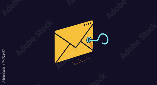 A stylized vector illustration of an email envelope with a dangerous phishing hook