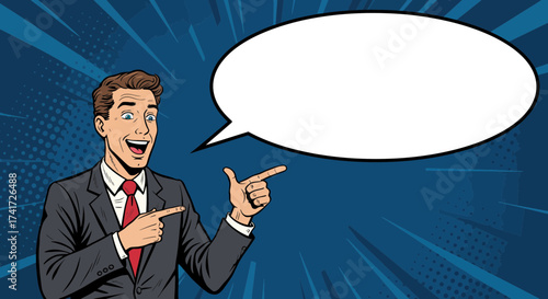 A vibrant pop art illustration of a smiling businessman pointing at a clean, scalable speech bubble graphic.