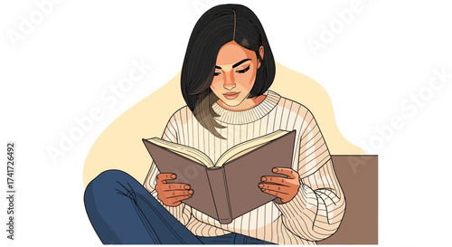 A stylized vector illustration of a young woman intently reading a book with clean lines.