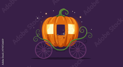 Enchanting pumpkin carriage vector graphic illustration with glowing windows on a starry background