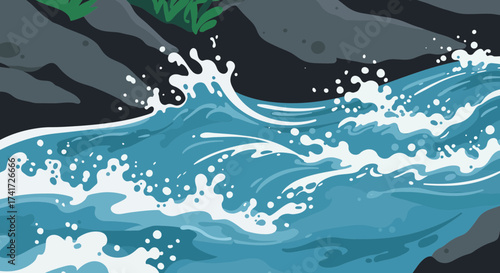 Dynamic vector illustration of a river with flowing blue water and white splashes.