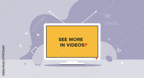 Flat vector illustration of a retro TV monitor displaying a video message on an abstract background