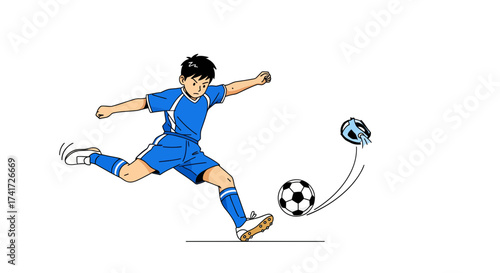 Dynamic vector illustration of a young soccer player in blue uniform kicking a ball.