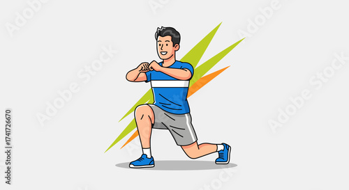 Energetic male character performing a lunge exercise in a clean vector illustration style.