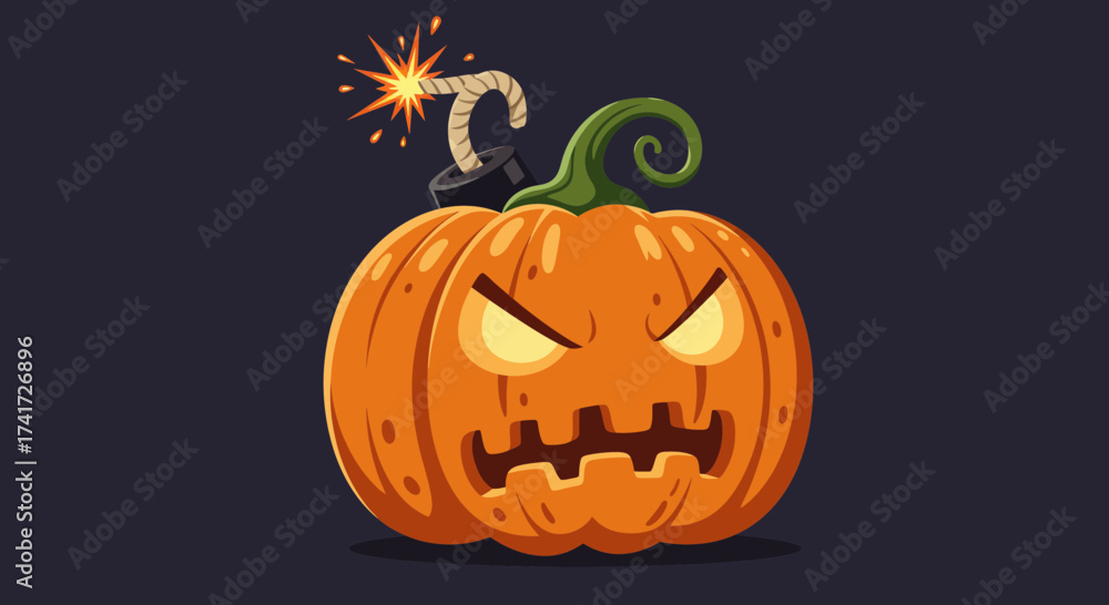 Fototapeta premium Scalable vector illustration of an angry Halloween pumpkin with a lit bomb fuse design