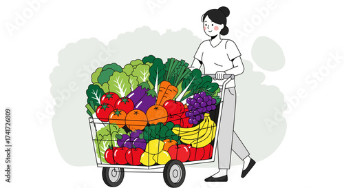 Illustration of a woman with a shopping cart overflowing with fresh, colorful fruits and vegetables, symbolizing a healthy diet and lifestyle
