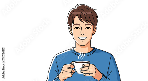 Joyful young man with a steaming coffee cup, a minimalist and scalable vector illustration